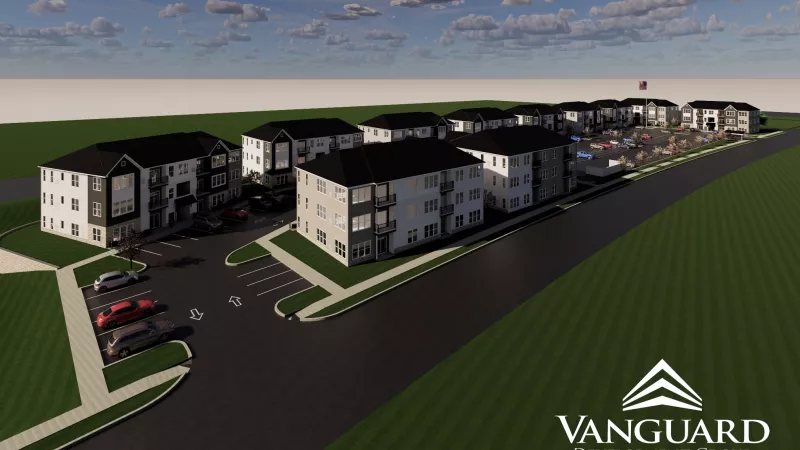 Aerial graphic rendering of a multi-building apartment complex with parking lots and roads.