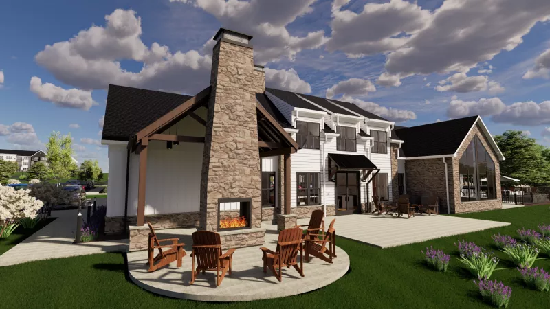 Rendering of a modern clubhouse back area with a stone outdoor fireplace, burning fire, Adirondack chairs, and patio.
