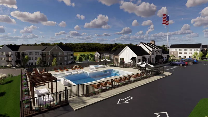 Graphic rendering of an outdoor community pool area with a clubhouse, lounge chairs, and multi-story apartment buildings.