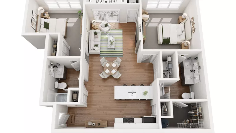3D graphic of a two-bedroom, two-bathroom apartment floor plan with living room, dining area, and kitchen.