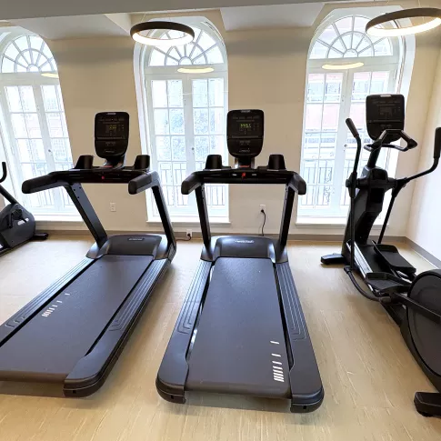 Gym with two treadmills, an elliptical machine, and a stationary bike, set against large arched windows.