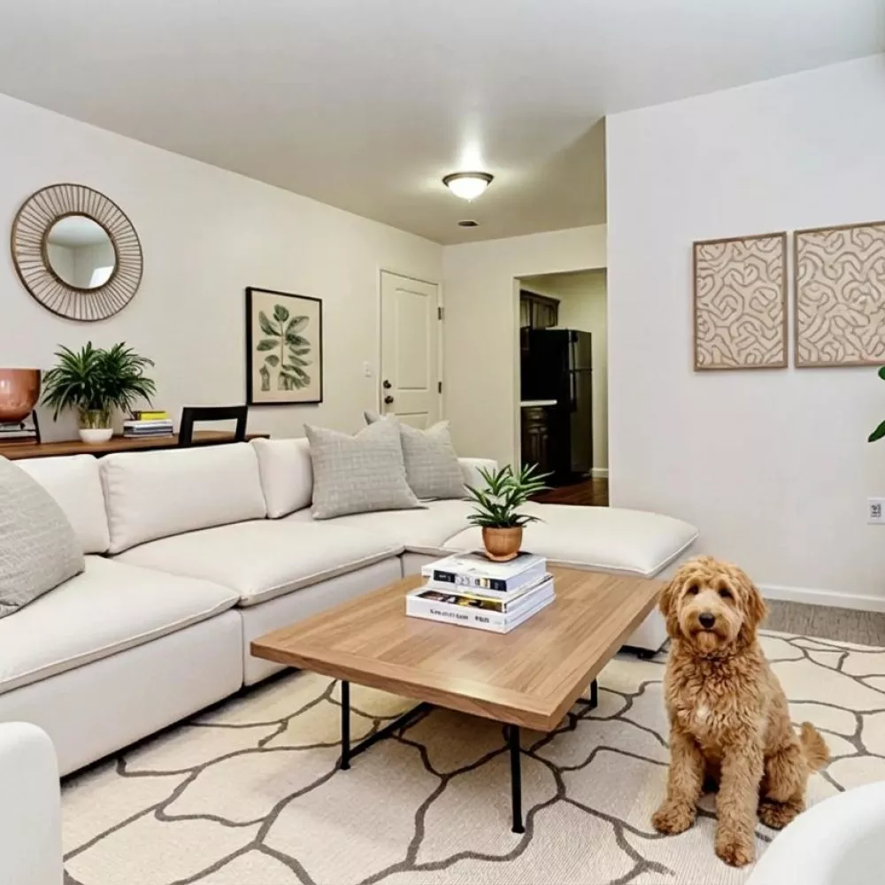A cozy living room features a white sectional, wood coffee table, patterned rug, and a golden doodle dog. Plants and wall art complete the space.