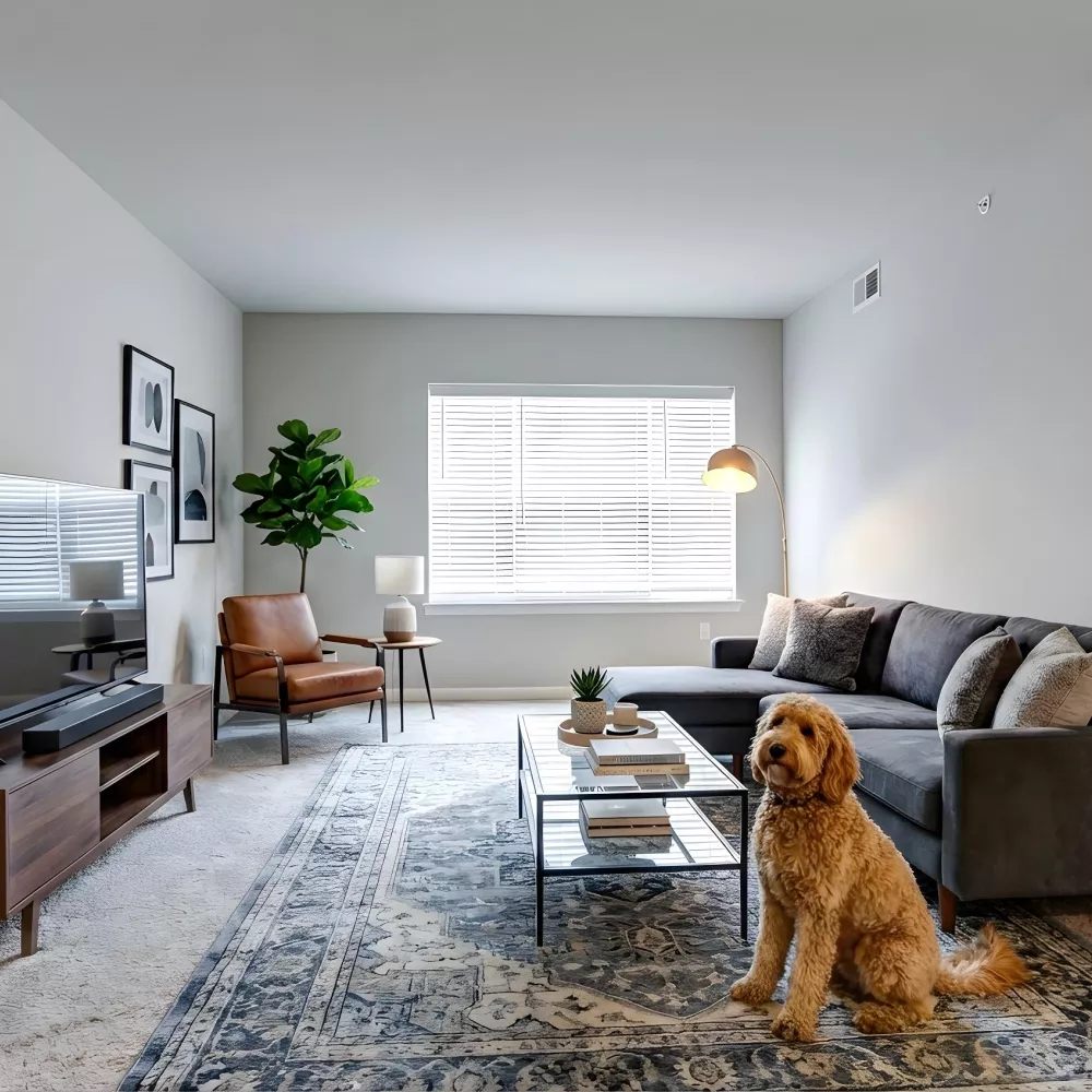 A golden doodle sits on a patterned rug in a bright, modern living room with a grey sectional and media console.