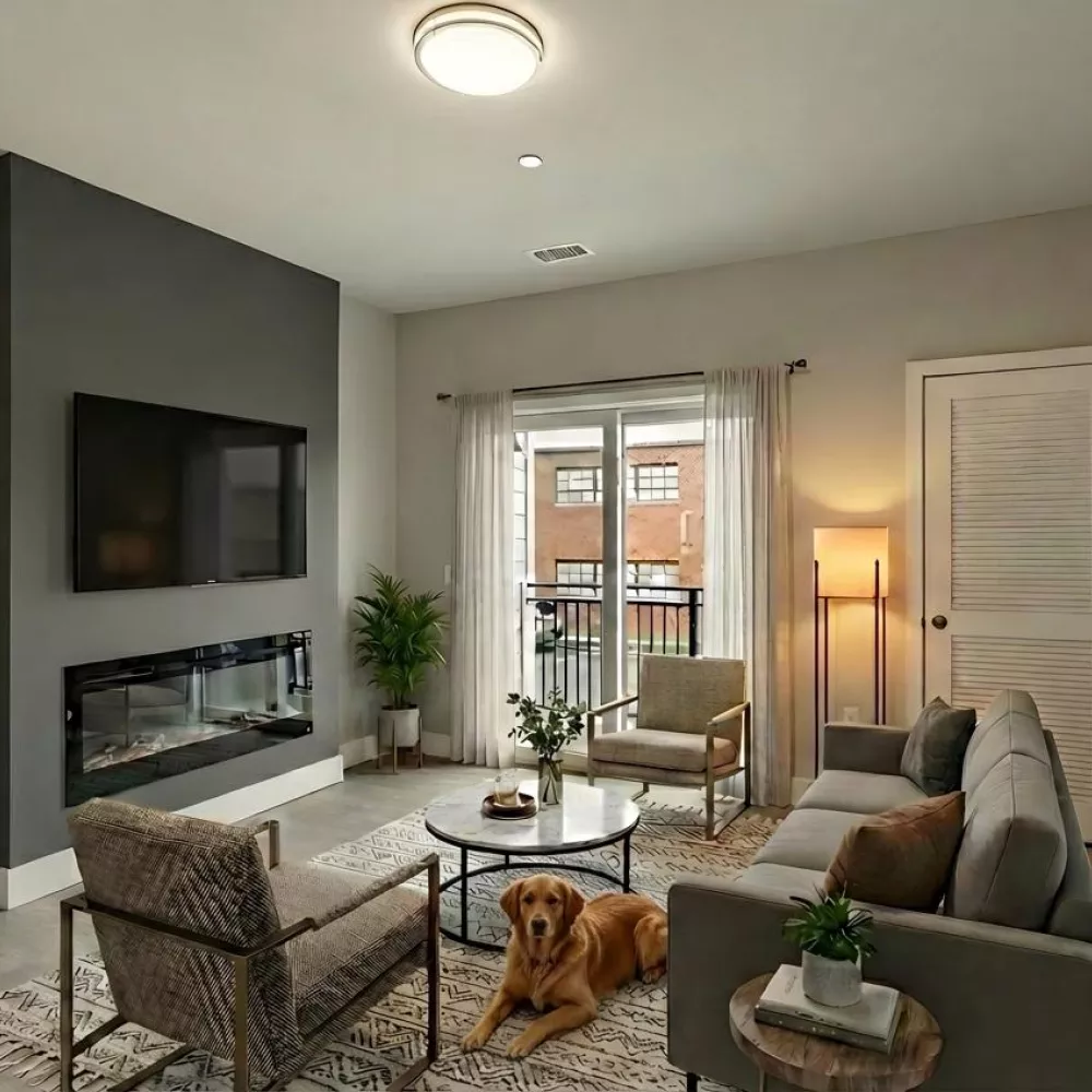 Modern living room with a golden retriever on a rug. Gray accent wall features a mounted TV and an electric fireplace.