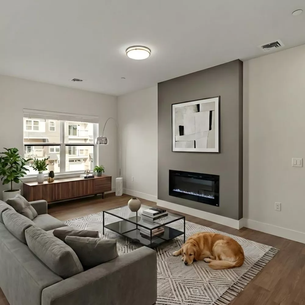 Modern living room with a gray couch, modern fireplace, abstract art, and a golden retriever sleeping on a rug.