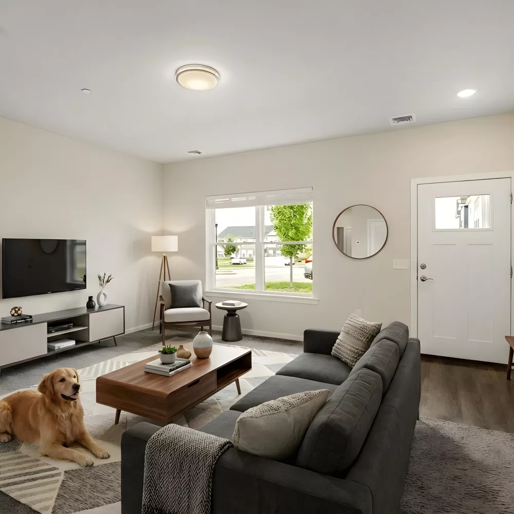 Modern living room with a golden retriever on a patterned rug, gray sofa, TV, wooden coffee table, and a bright entryway.