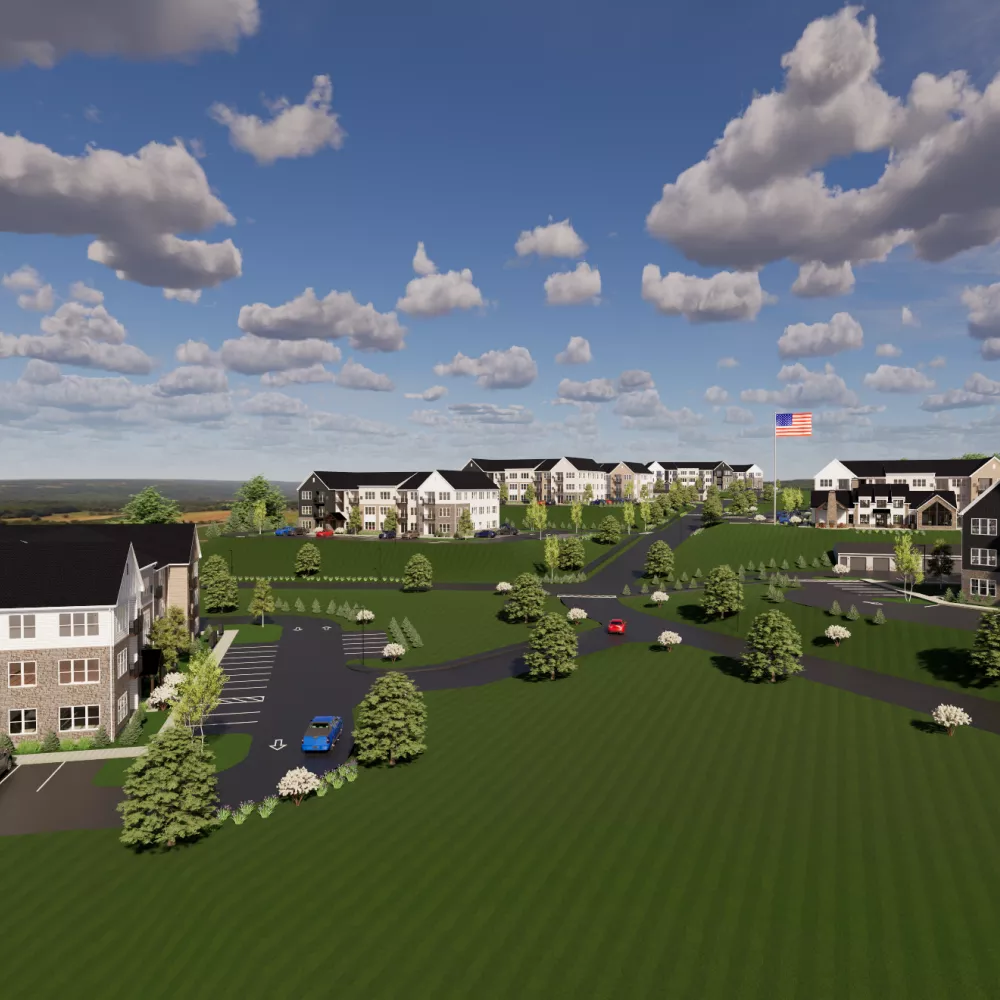 Architectural rendering of a suburban apartment complex with several buildings, roads, and green landscaping.