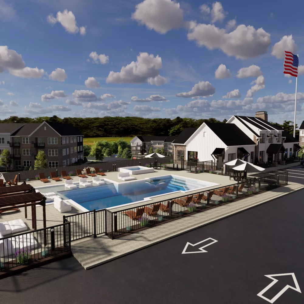 Graphic rendering of an outdoor community pool area with a clubhouse, lounge chairs, and multi-story apartment buildings.