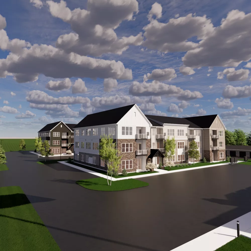 Graphic rendering of a modern residential complex with light-colored multi-story buildings, dark roofs, and green landscaping under a cloudy sky.