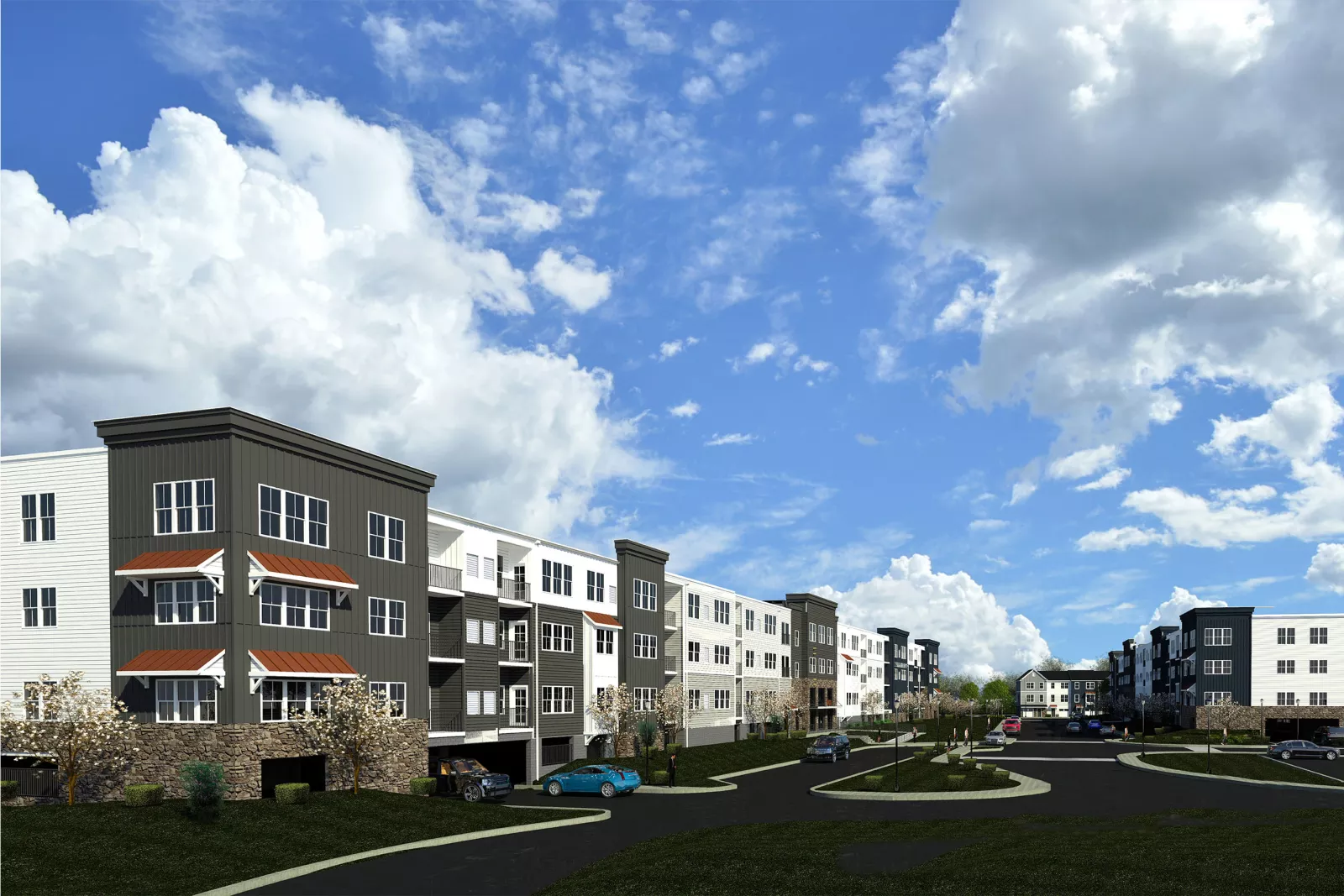 Expansive street view of multi-story apartment buildings A and B within a modern residential development, featuring various exterior finishes and integrated parking.