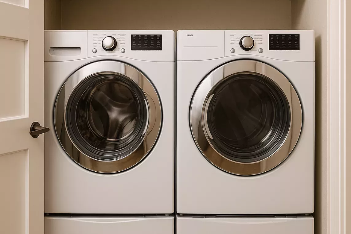 Modern in-home washer and dryer set with front-loading machines and storage shelf in apartment laundry nook.