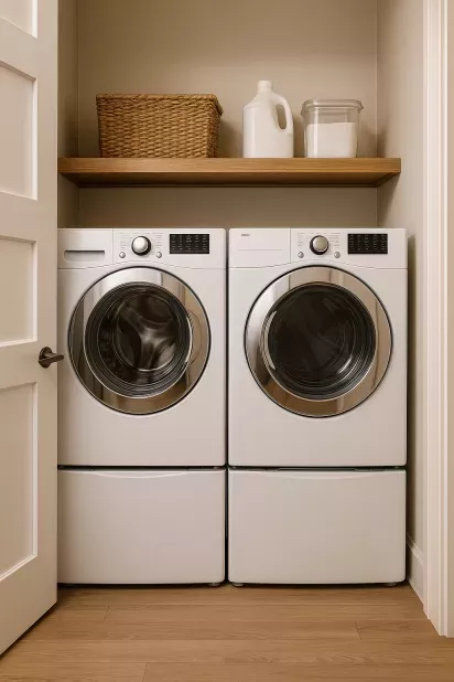 Modern in-home washer and dryer set with front-loading machines and storage shelf in apartment laundry nook.