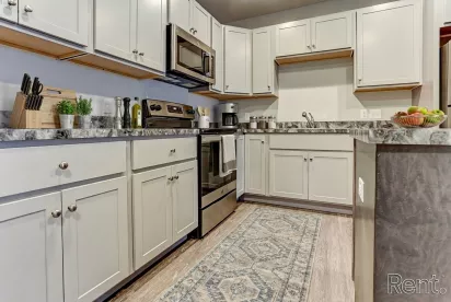A kitchen featuring light grey shaker-style cabinets with silver hardware and dark, marble-patterned countertops. The space includes a stainless steel electric stove, over-the-range microwave, and a small countertop coffee maker. A blue and grey patterned runner rug sits on the light wood-plank flooring.