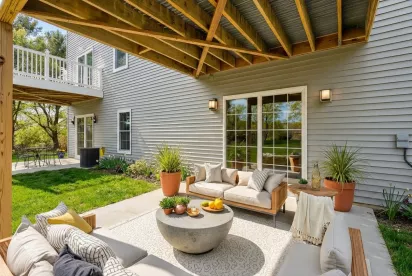 A ground-level concrete patio with a modern outdoor sectional and coffee table. The area is landscaped with grass and potted plants, situated under a wooden deck structure.