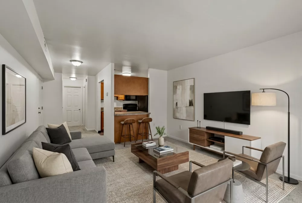 Photograph: Contemporary living room with gray sofa, TV, coffee table, and kitchen bar with two stools.
