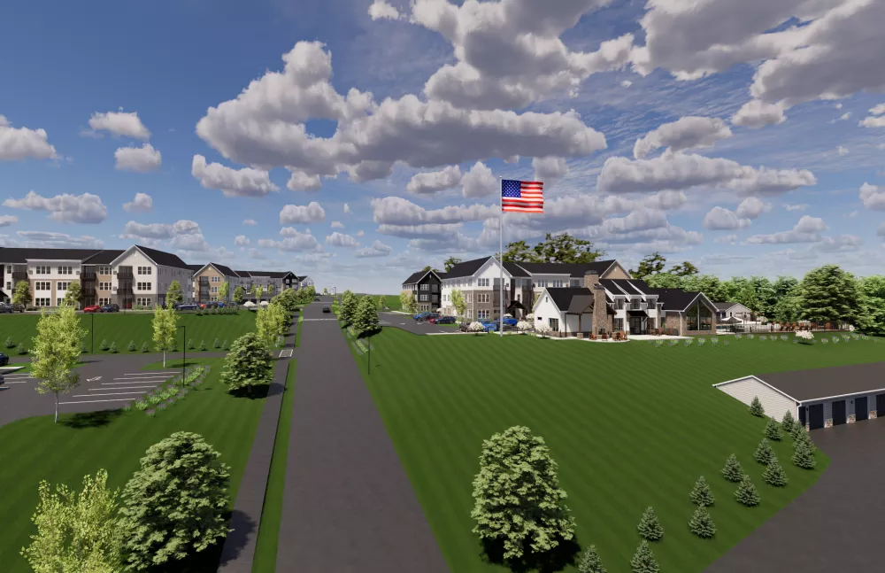 Rendering of a modern suburban apartment complex with multiple buildings, green lawns, roads, and a US flag flying.
