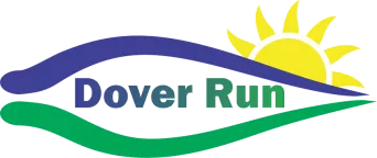 Dover Run Logo with Yellow Sunshine, and Blue and Green hills