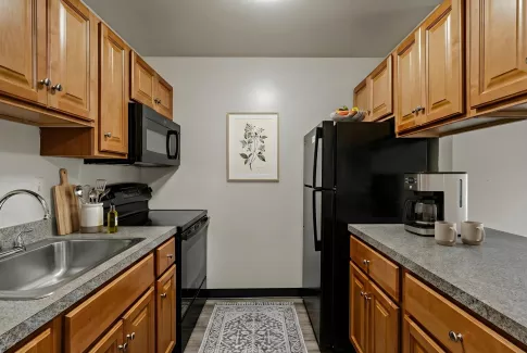 Bright galley kitchen with light wood cabinets, gray granite countertops, black appliances, and a botanical print.