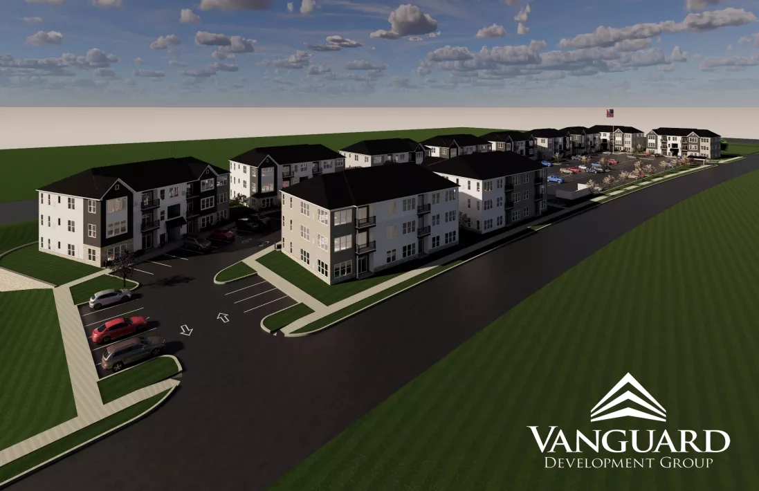 Aerial graphic rendering of a multi-building apartment complex with parking lots and roads.