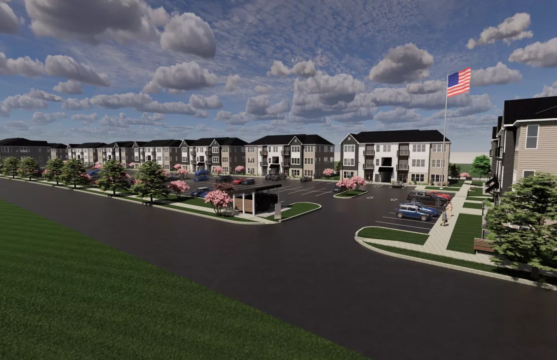 Architectural rendering of a large apartment complex with multiple modern buildings, parking lots, and an American flag.