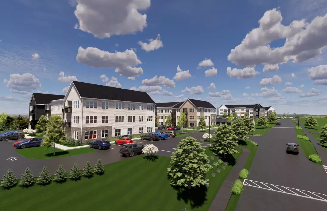 Graphic: Modern apartment complex with several multi-story buildings, parked cars, green lawns, and a road.
