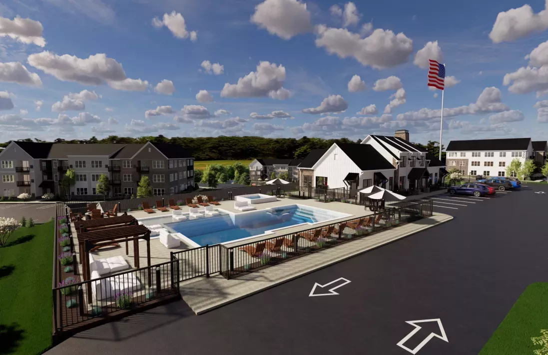 Graphic rendering of an outdoor community pool area with a clubhouse, lounge chairs, and multi-story apartment buildings.