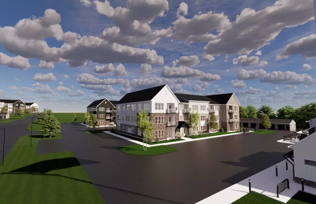 Architectural rendering of modern apartment buildings with gabled roofs, grey and white siding, and balconies under a cloudy sky.