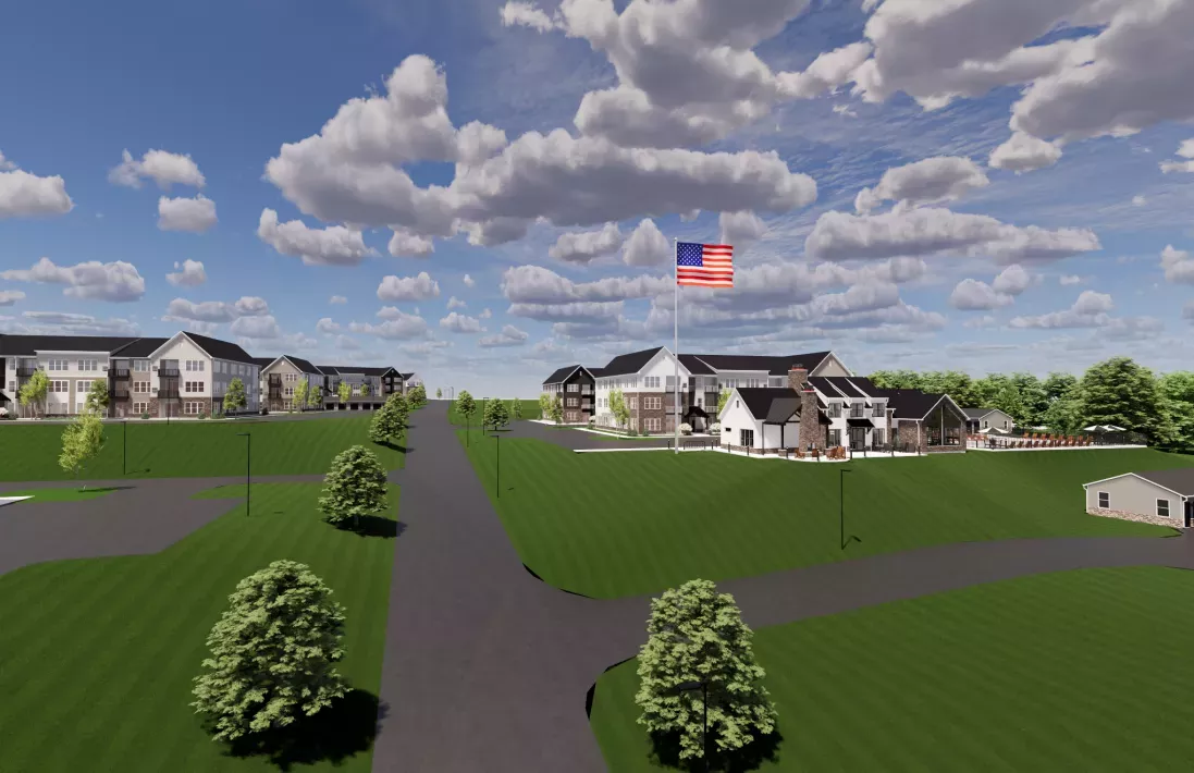 Graphic of a planned residential community with apartment buildings, green lawns, roads, and a flag flying under a cloudy sky.